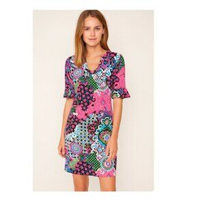 Jude Connally Dress Womens XS Multicolor Floral Patchwork Bell Sleeve Shift